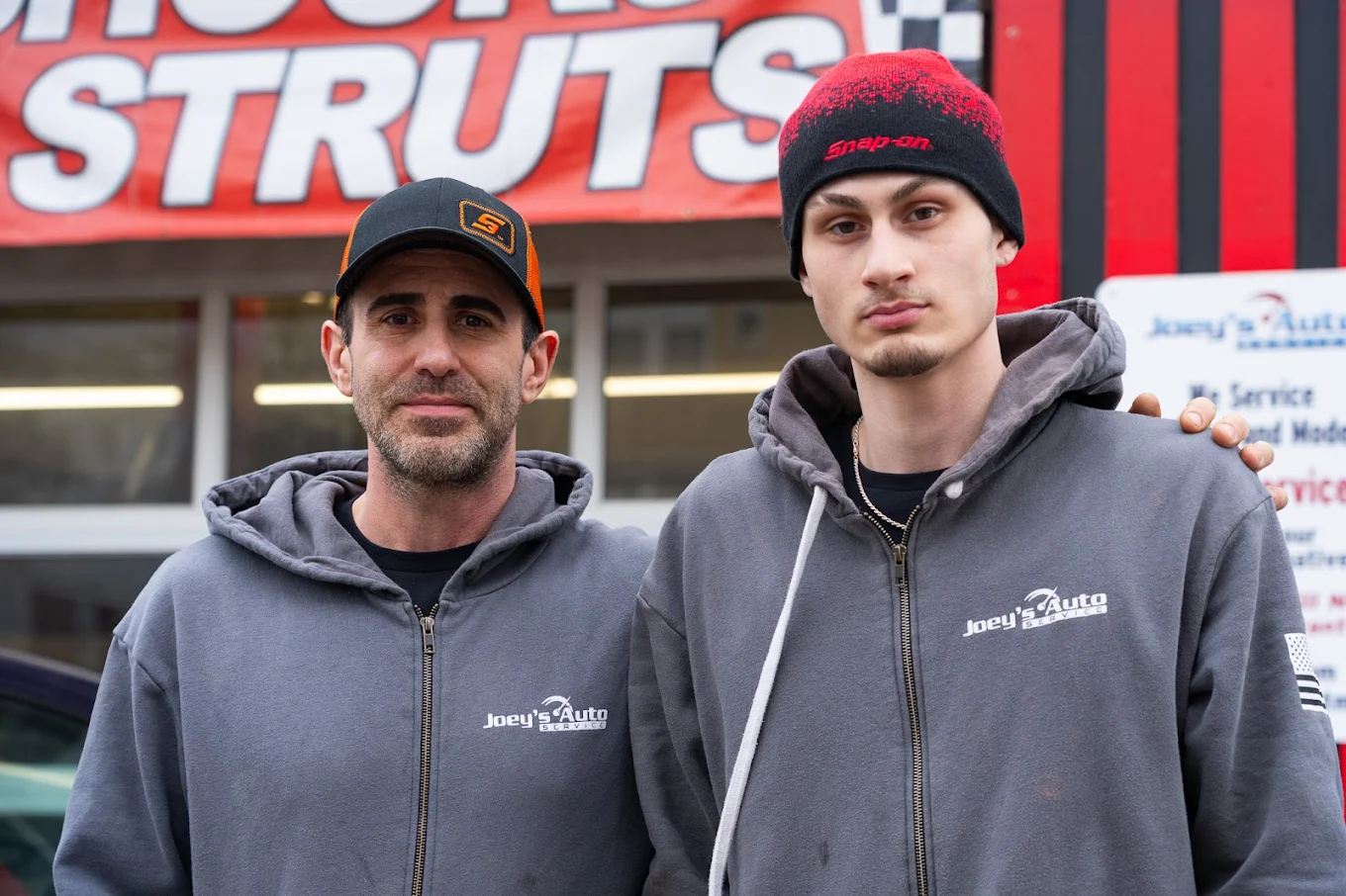 Joey and his son at Joey's Auto Service in Nutley, NJ
